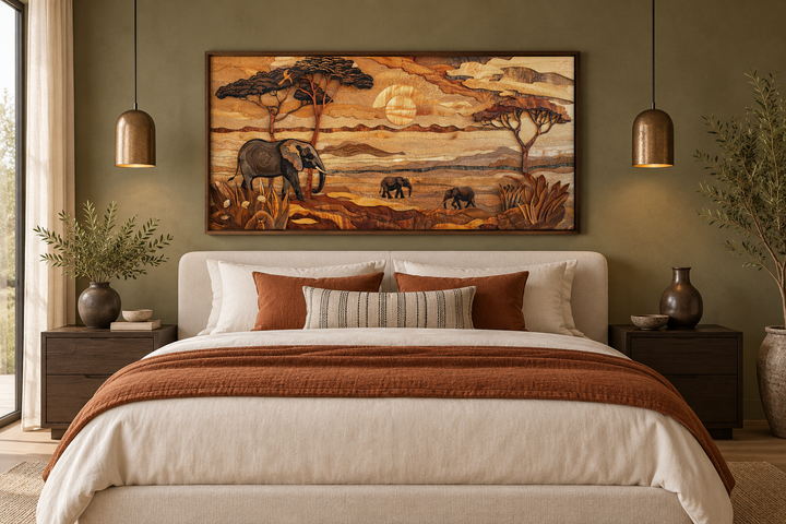 Framed African savanna wall art with elephants and acacia trees above a bed in a rustic bedroom.