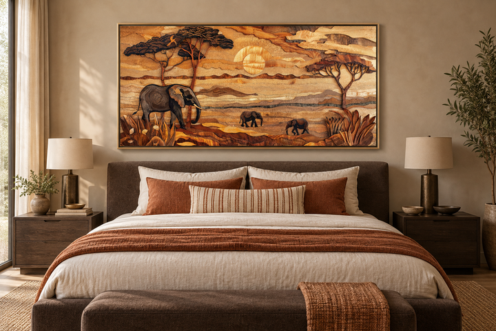 Framed African savanna wall art with elephants and acacia trees in a rustic wood-style design.
