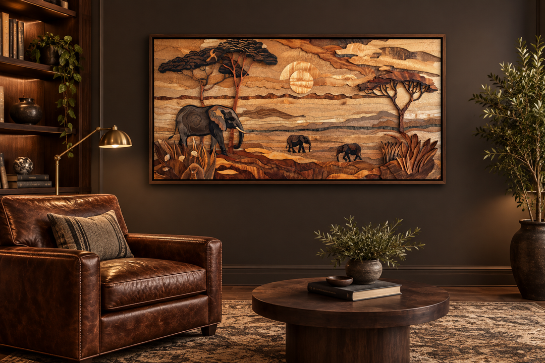 Framed African savanna wall art featuring elephants and acacia trees in a layered wood style.