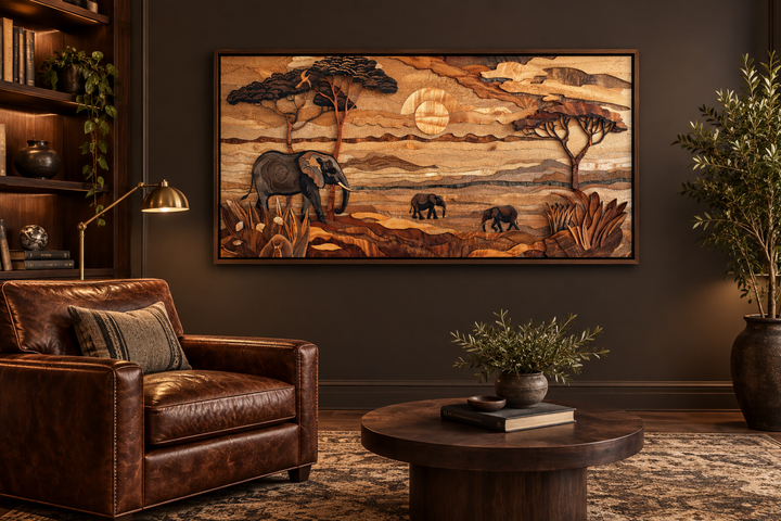 Framed African savanna wall art featuring elephants and acacia trees in a layered wood style.