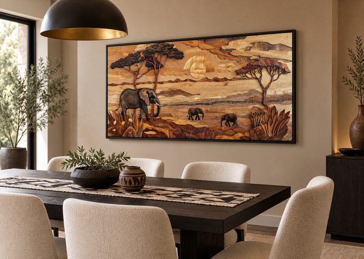 Framed African savanna wall art featuring elephants and acacia trees in a layered wood style.