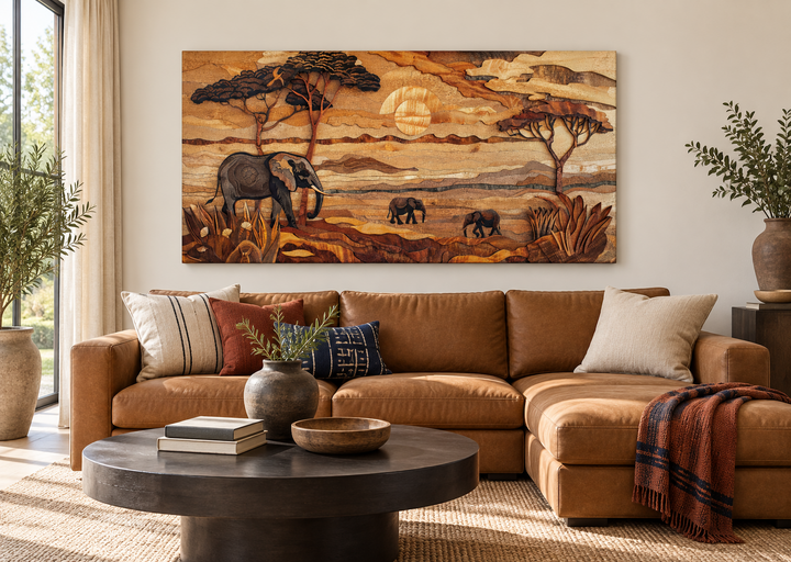 Framed African savanna wall art with elephants and acacia trees above a brown leather sofa.