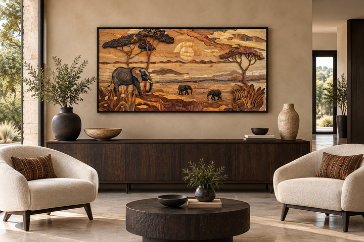 Framed African savanna wall art with elephants and acacia trees in a rustic living room setting.
