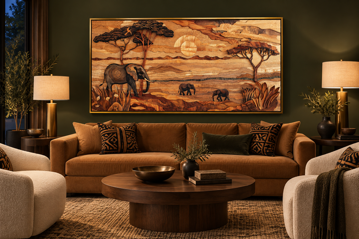 Framed African savanna wall art with elephants and acacia trees in a rustic living room setting.