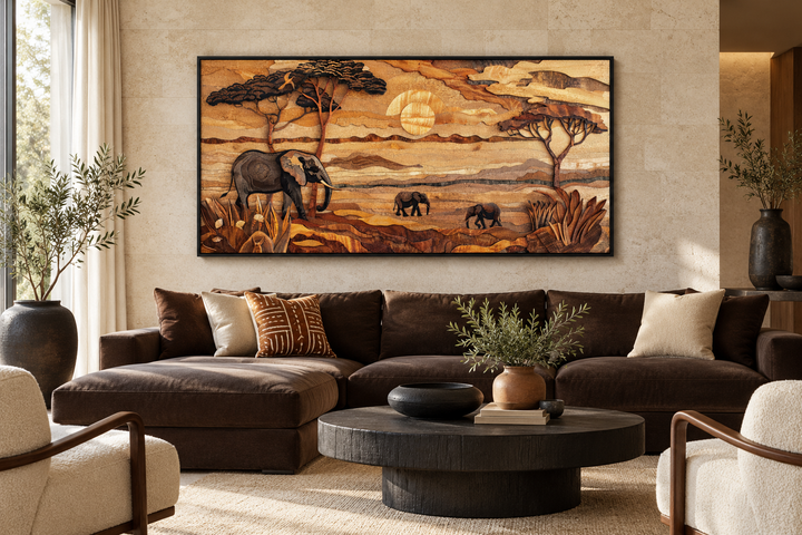 Framed African savanna wall art with elephants and acacia trees in a rustic wood-layered style.