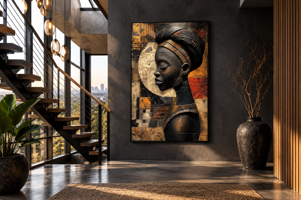 Modern abstract canvas wall art of an African woman in a turban, framed in a contemporary room.