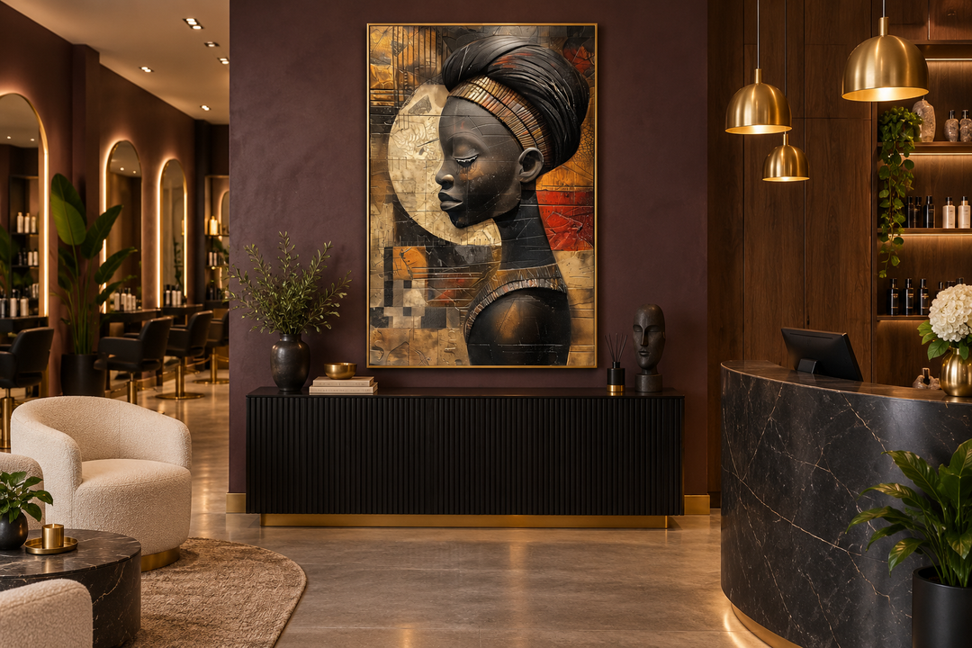 Modern abstract canvas wall art of an African woman in a turban, framed in a stylish salon interior.