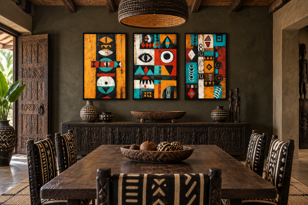 Set of 3 vertical canvas prints featuring tribal abstract geometric patterns and African symbols.
