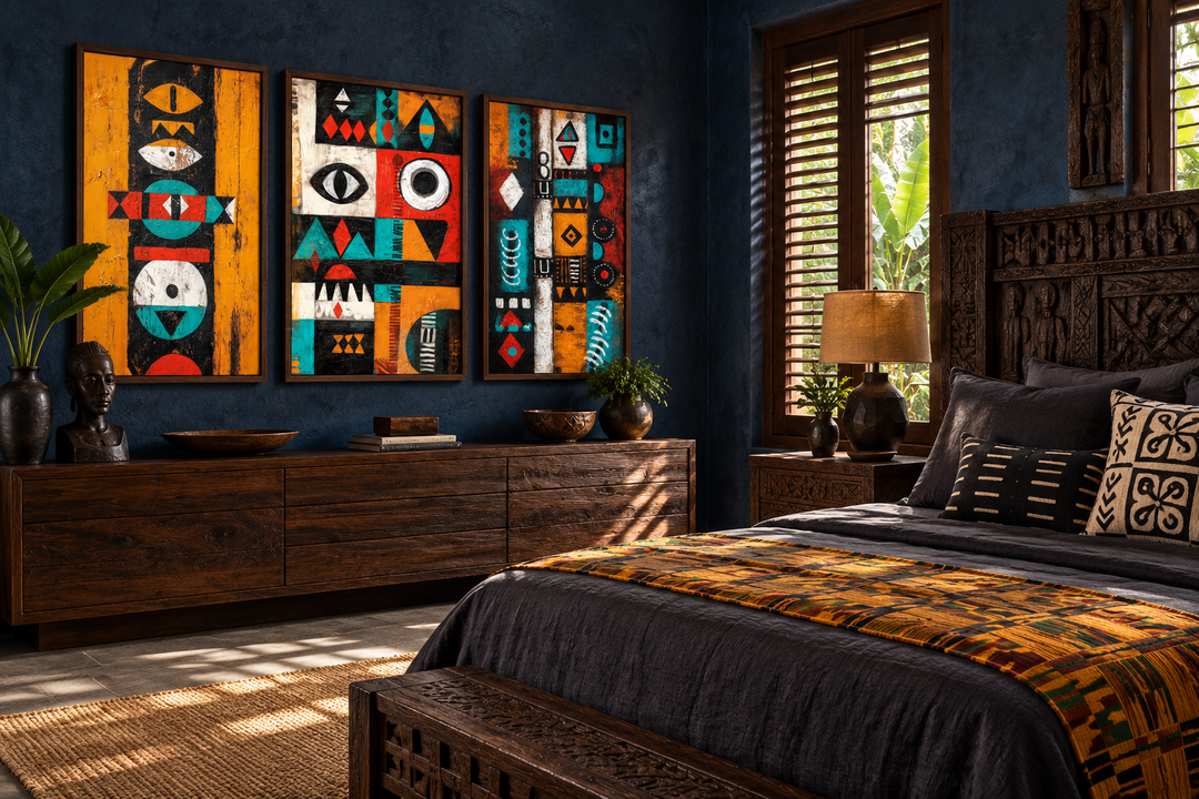 Set of 3 vertical tribal abstract geometric African art prints with masks and symbolic patterns.