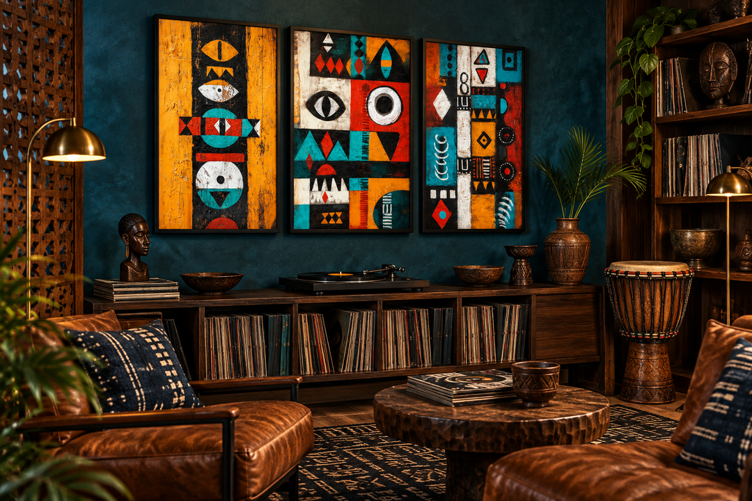 Set of 3 vertical tribal abstract geometric African art prints with orange, teal, and black motifs.