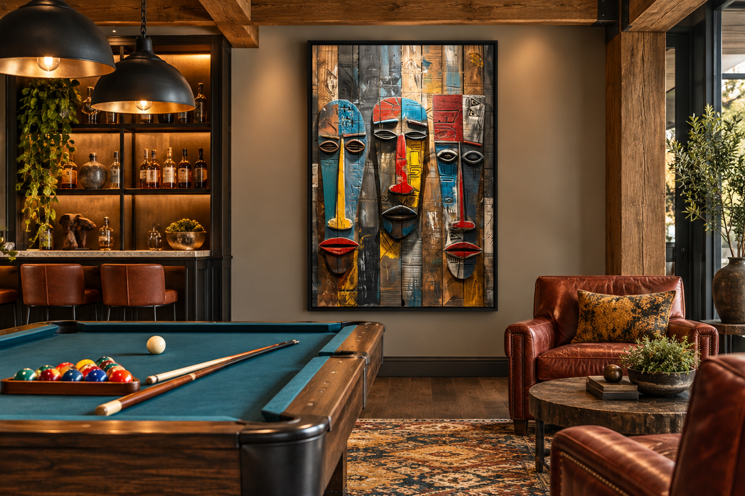 Modern framed canvas painting of three colorful African tribal masks on a wood-textured background.