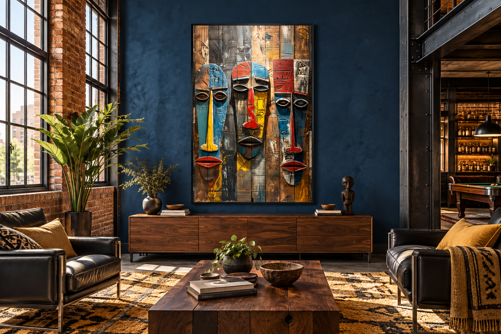 Modern framed canvas wall art featuring three colorful African tribal masks on a blue wall.