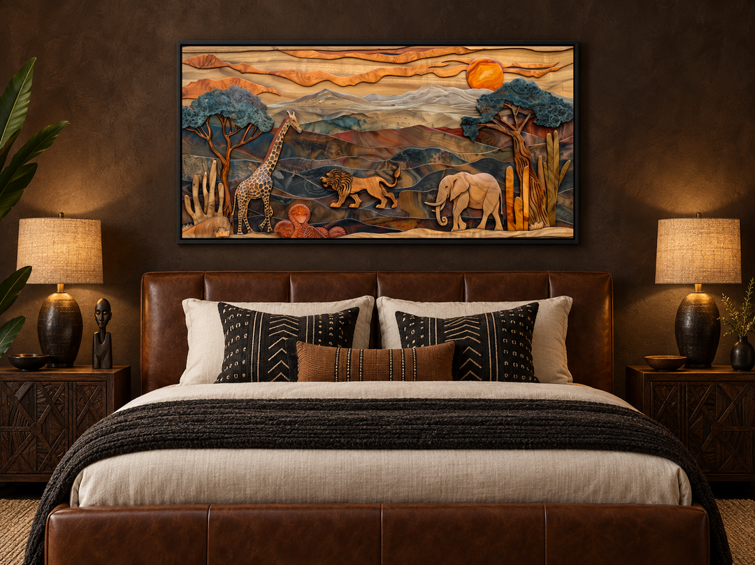 African Wildlife In Savanna Framed Canvas Wall Art above a leather bed in a rustic bedroom.