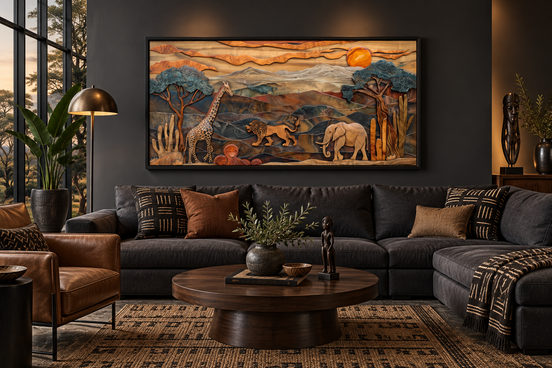 African wildlife framed canvas wall art featuring a giraffe, lion, and elephant in a savanna scene.