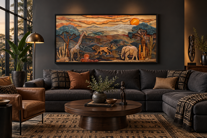 African wildlife framed canvas wall art featuring a giraffe, lion, and elephant in a savanna scene.