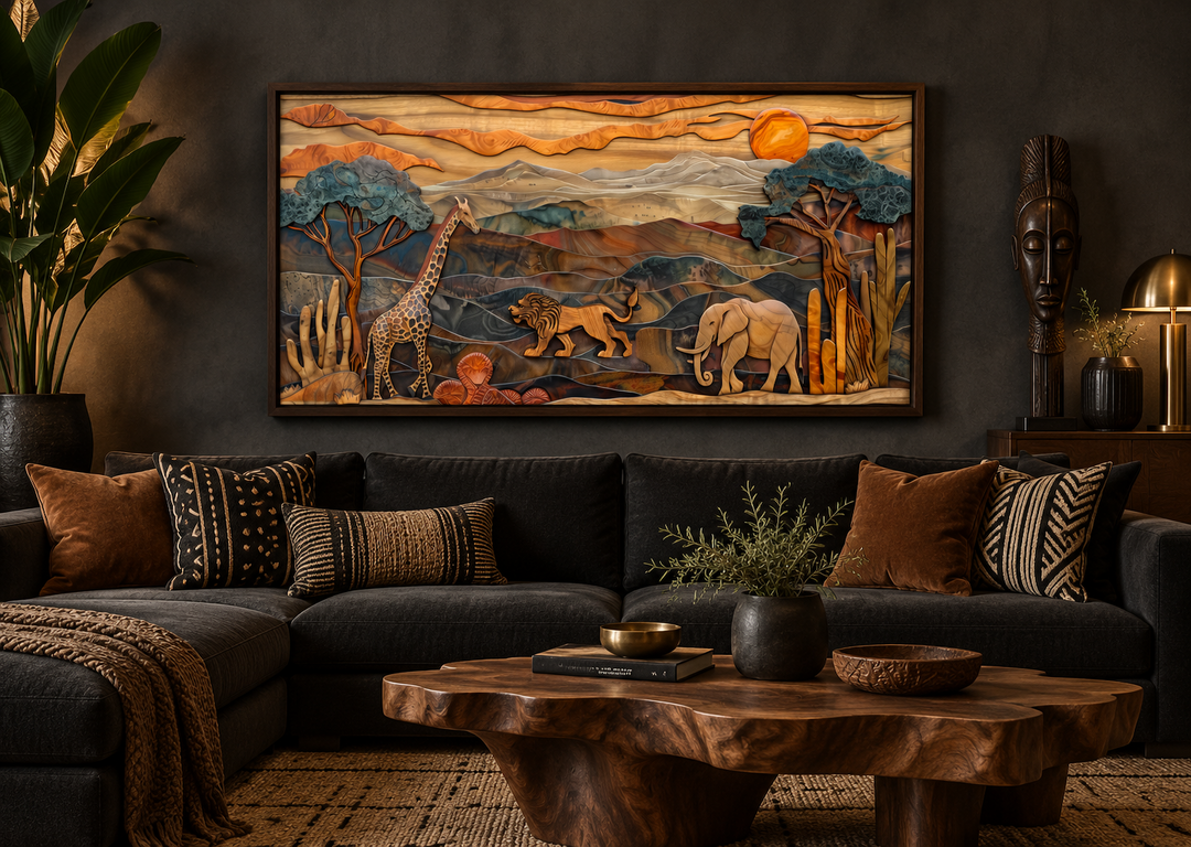 African wildlife framed canvas wall art featuring a lion, giraffe, and elephant in a savanna.