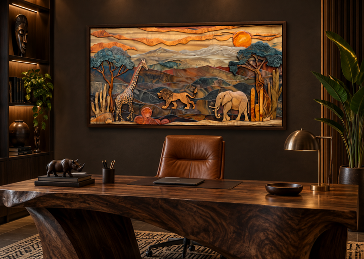Framed African wildlife wall art with layered wood-style giraffe, lion, and elephant in a savanna.