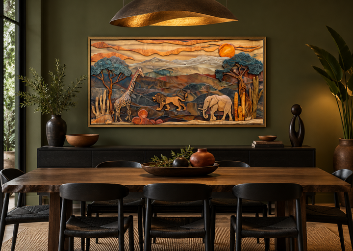 African Wildlife In Savanna Framed Canvas Wall Art with layered wood-style animals and sunset.