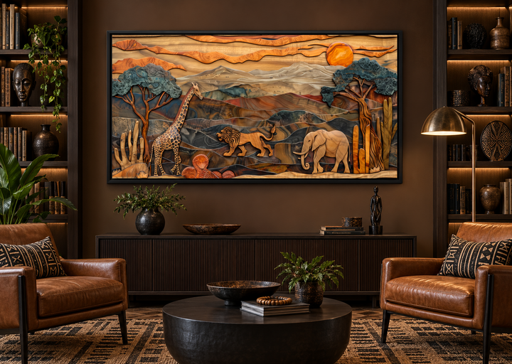 African wildlife in savanna framed canvas wall art featuring a giraffe, lion, and elephant.