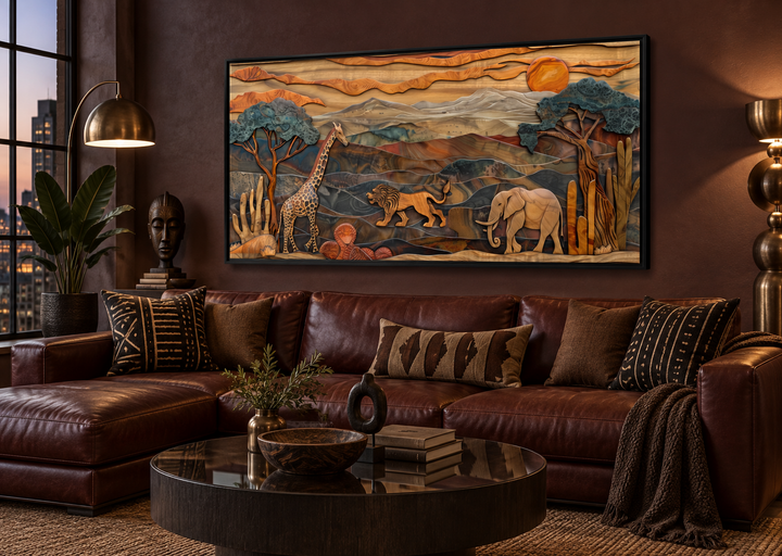 African wildlife framed canvas wall art featuring a giraffe, lion, and elephant in a savanna scene.