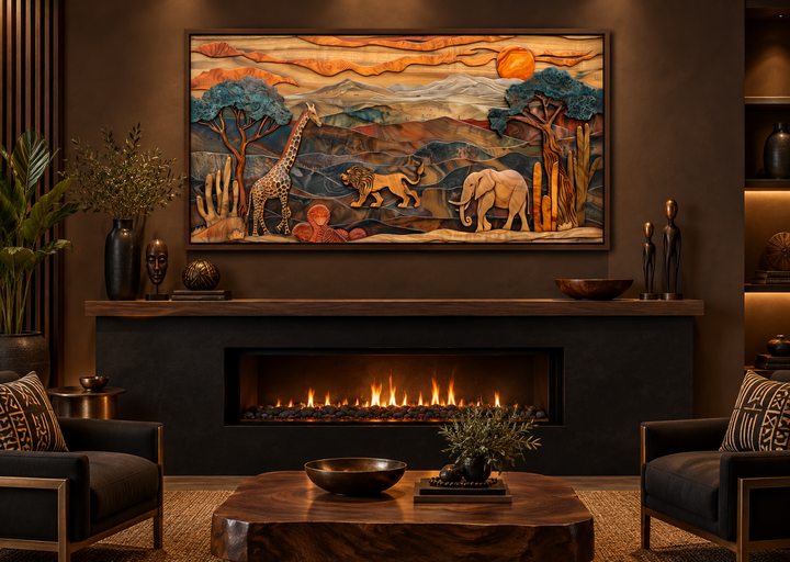 African wildlife framed canvas wall art featuring a layered wood-style savanna landscape.
