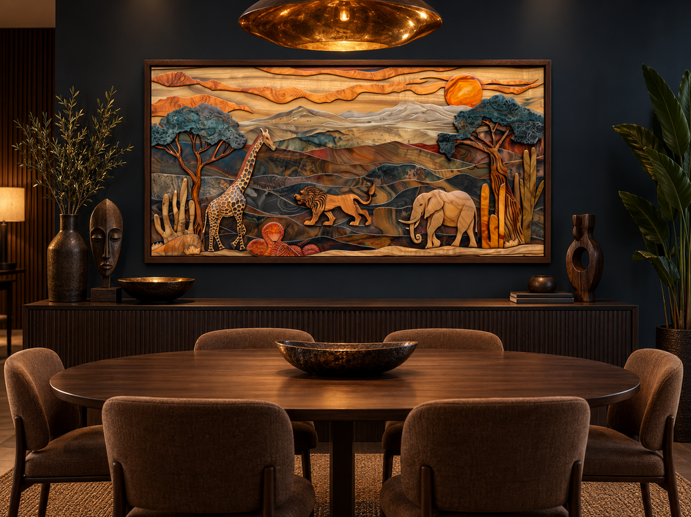 African wildlife framed canvas wall art featuring a layered wood-style savanna landscape.