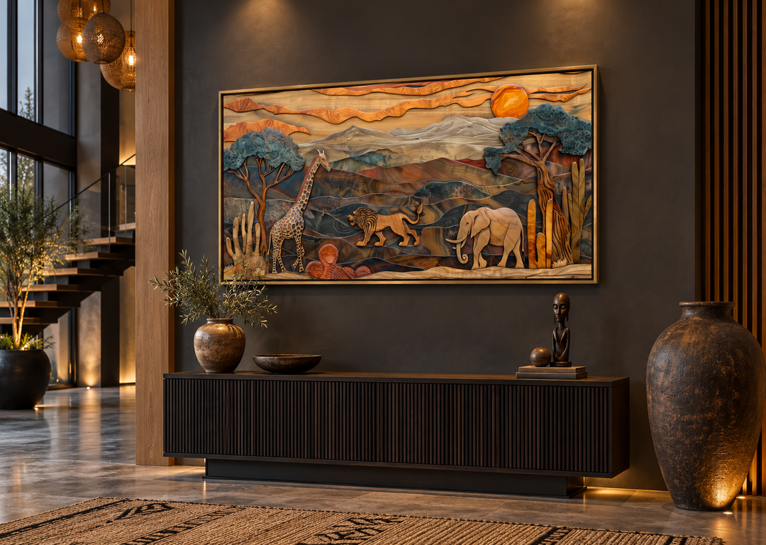 African wildlife framed canvas wall art with layered wood-style savanna animals and sunset.