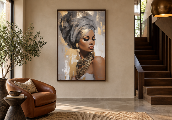 Framed canvas wall art of a Black woman in a gold and silver headwrap in a modern living room.