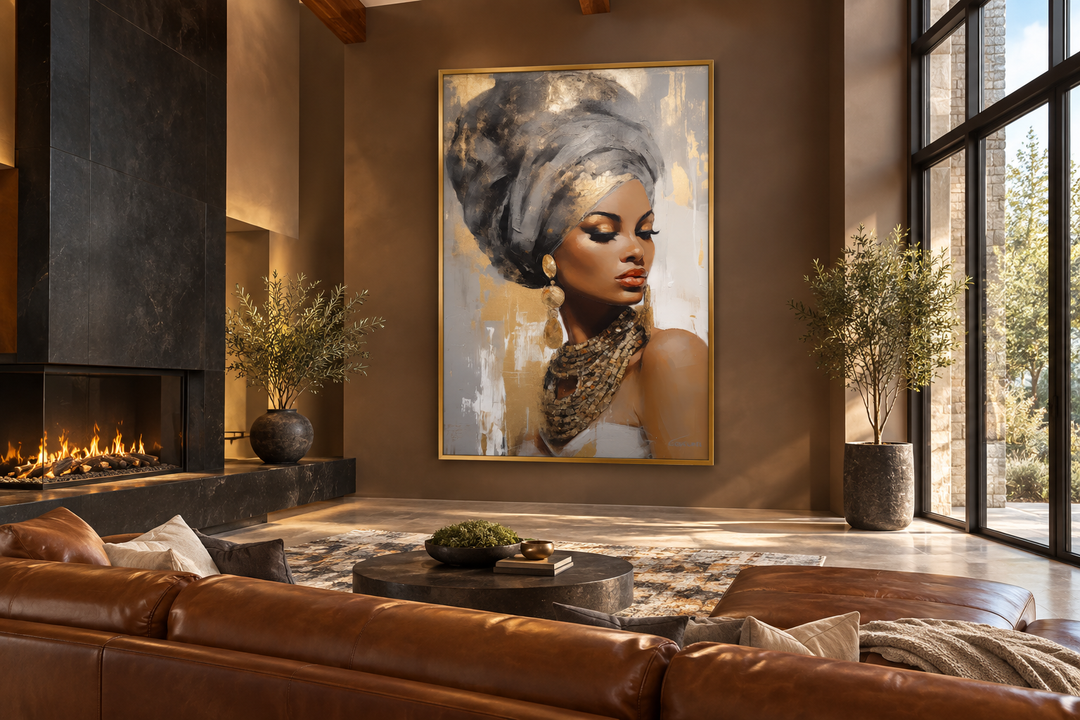 Framed canvas wall art of a black woman in gold and silver attire in a modern living room.