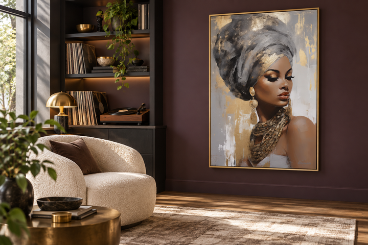 Framed canvas wall art of a Black woman in a gold and silver headwrap on a dark purple wall.