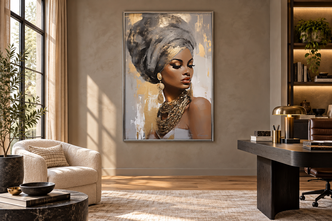 Framed canvas wall art of a Black woman in a gold and silver headwrap and jewelry in a modern room.