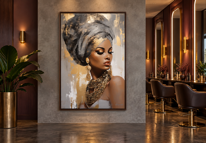 Framed canvas wall art of a Black woman in a gold and silver headwrap and jewelry in a salon.