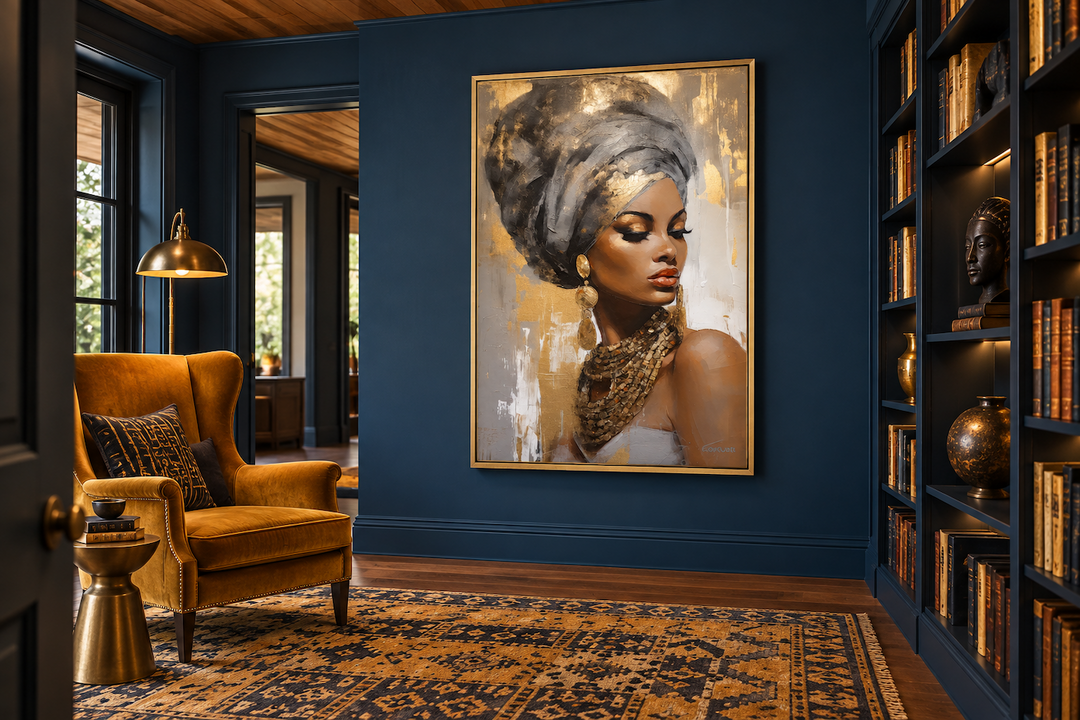 Framed canvas wall art of a Black woman in gold and silver tones hanging in a navy blue room.