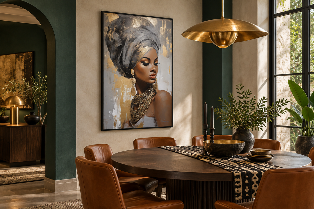 Framed canvas wall art of a black woman in a gold and silver headwrap in a modern dining room.