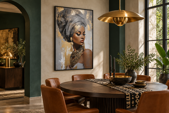 Framed canvas wall art of a black woman in a gold and silver headwrap in a modern dining room.
