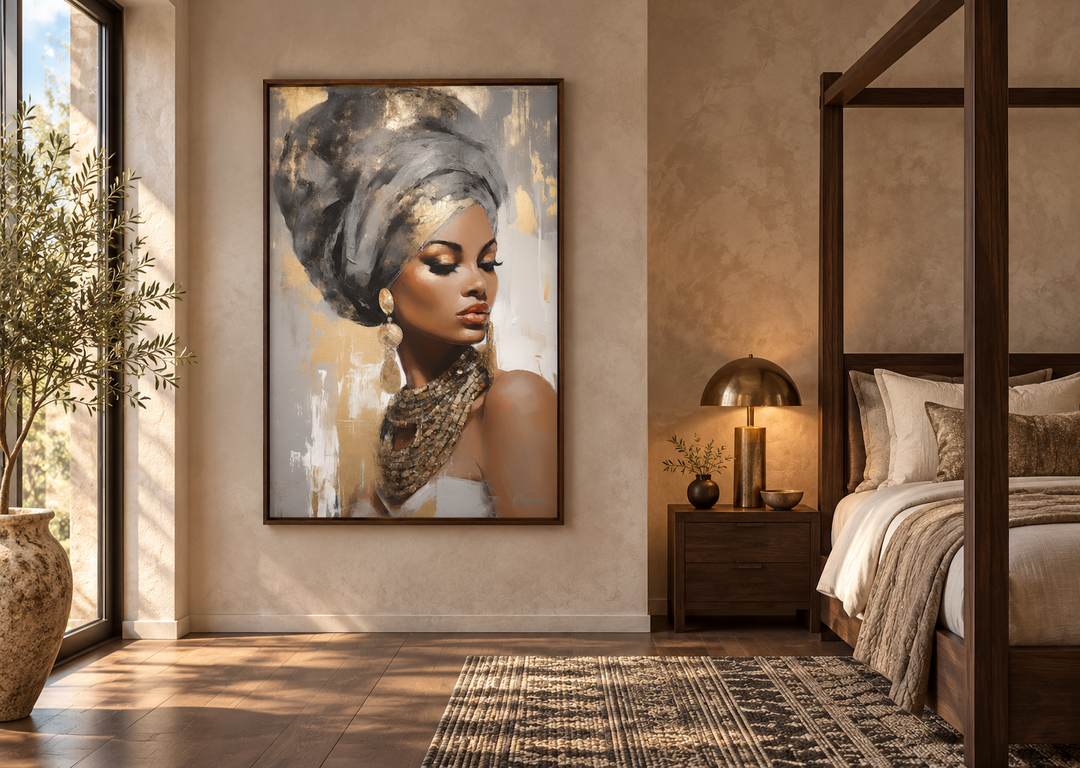 Framed canvas wall art of a Black woman in a gold and silver headwrap in a modern bedroom setting.