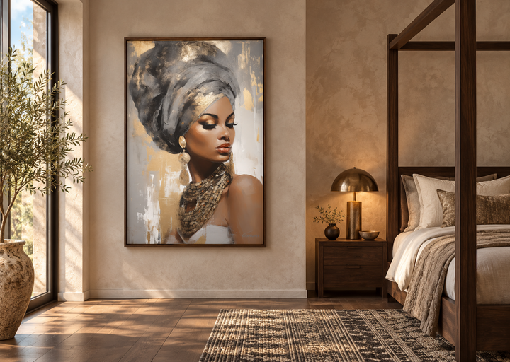 Framed canvas wall art of a Black woman in a gold and silver headwrap in a modern bedroom setting.
