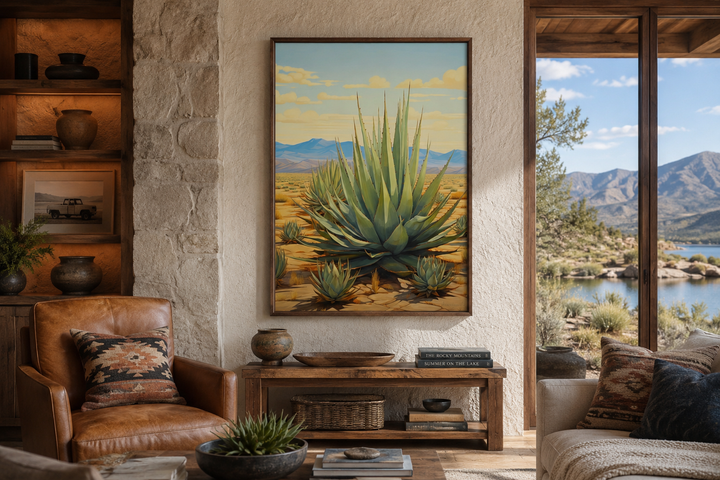Framed agave canvas wall art in a rustic living room with southwestern decor and mountain views.