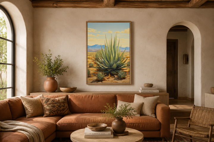 Agave in the desert framed canvas wall art hanging above a brown sofa in a southwestern living room.