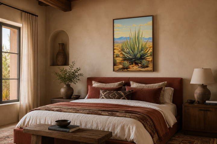 Agave in the desert framed canvas wall art hanging above a bed in a southwestern style bedroom.