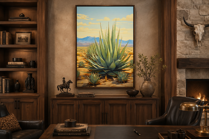 Agave in the desert framed canvas wall art displayed in a rustic southwestern office setting.