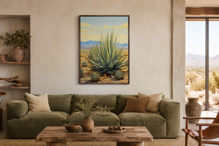 Agave in the desert framed canvas wall art hanging above a green sofa in a southwestern living room.