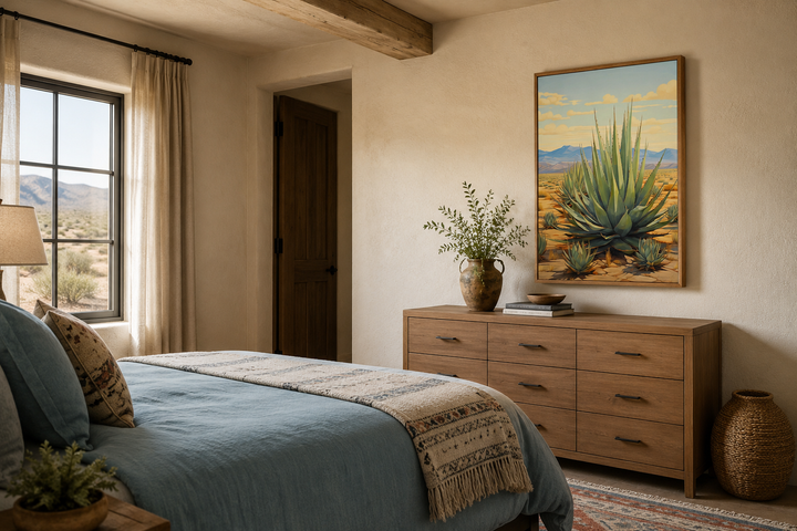 Agave in the desert framed canvas wall art hanging above a wooden dresser in a southwest bedroom.