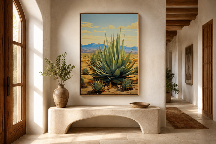 Framed canvas wall art of a large green agave plant in a desert landscape with blue mountains.