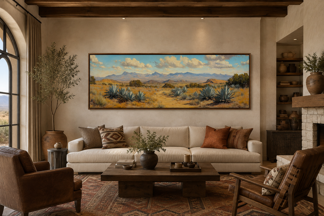 Agave in the Desert long horizontal framed canvas wall art above a sofa in a rustic living room.