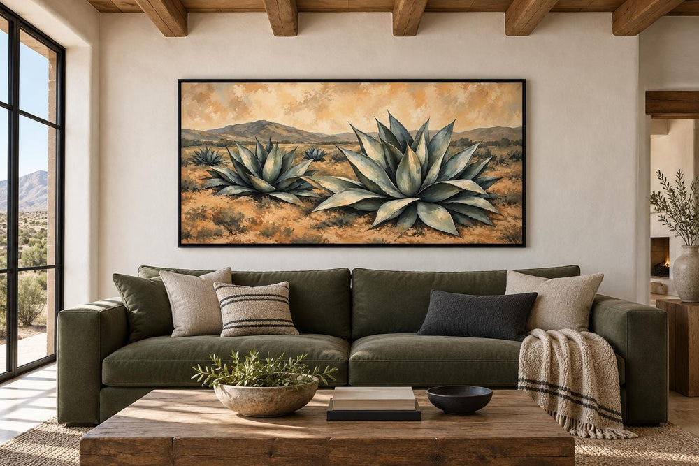 Southwestern agave canvas wall art in a golden desert landscape with distant mountains.