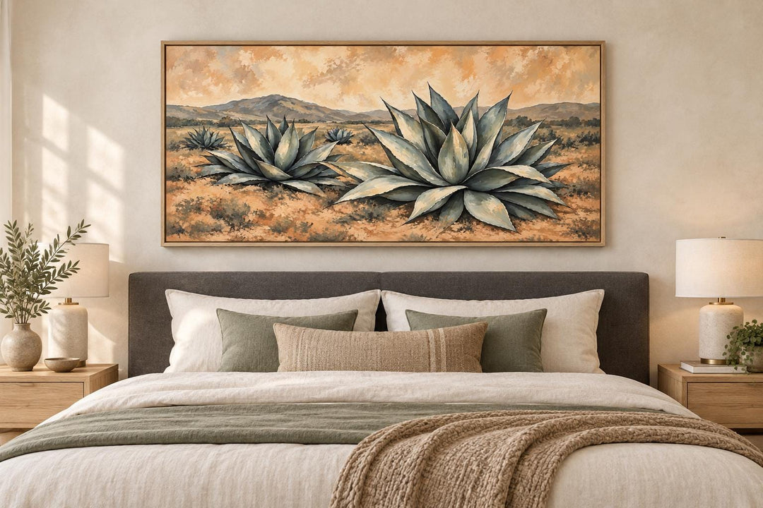 Agave plants in a golden desert landscape with mountains, framed Southwestern canvas wall art.