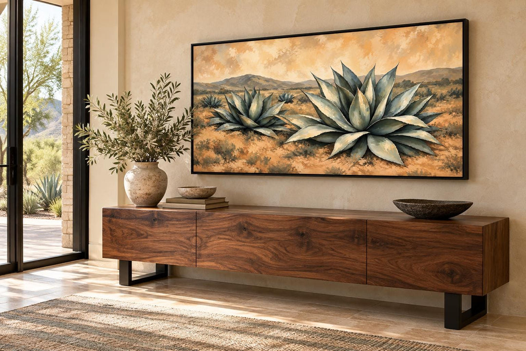 Southwestern agave canvas wall art in a golden desert landscape with mountains and a black frame.