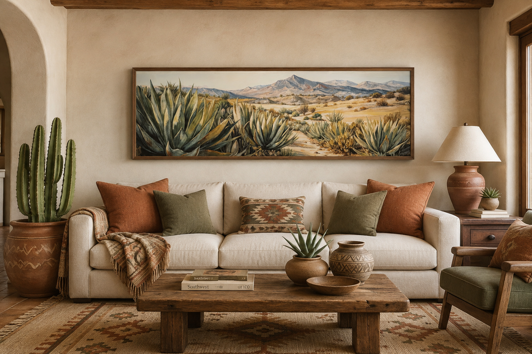 Agave in the Desert horizontal southwestern framed canvas wall art above a sofa in a living room.