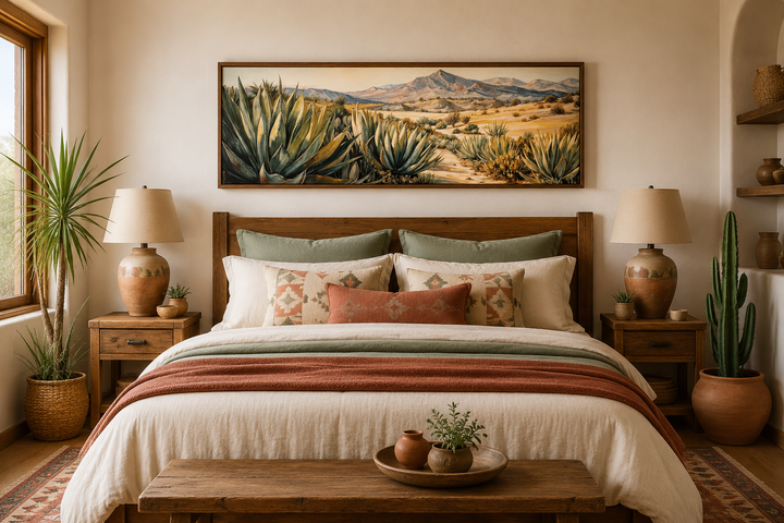 Horizontal framed canvas wall art of agave plants in a desert landscape above a bed.